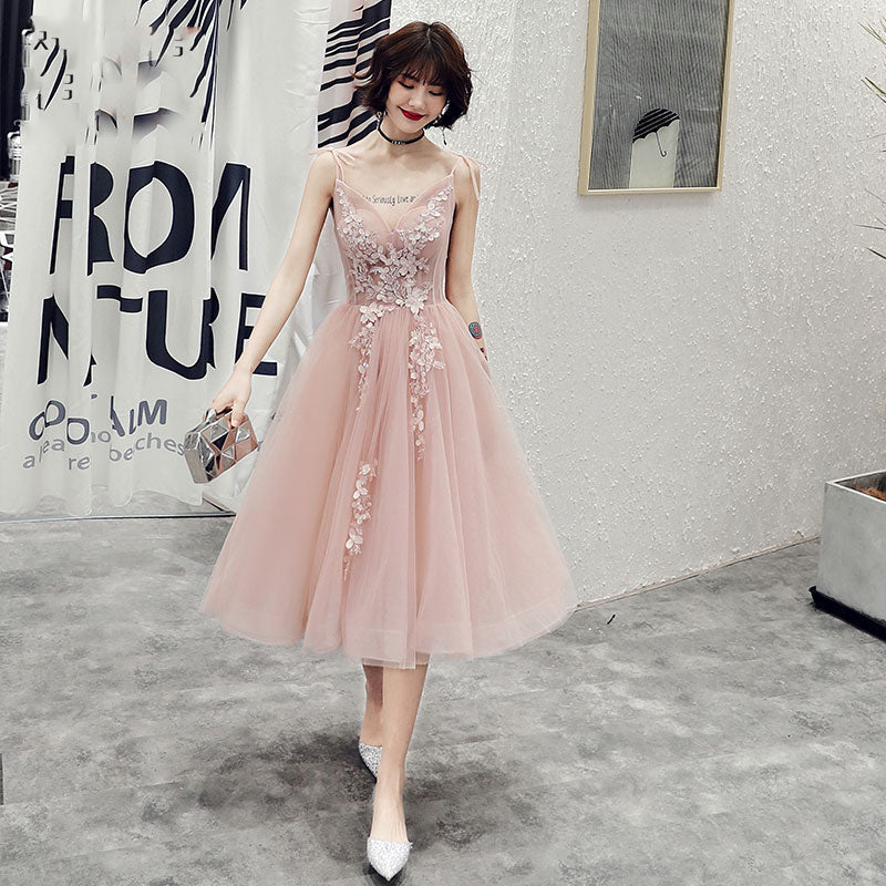 Pink v neck tulle lace short prom dress, evening dress 7987