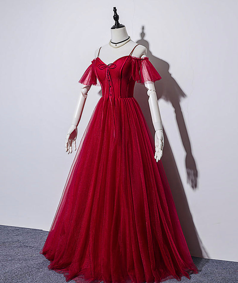 Burgundy tulle long prom gown formal dress 8496