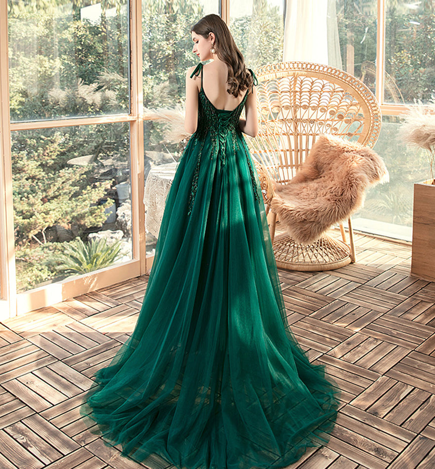 Green tulle lace long prom dress evening dress 8458