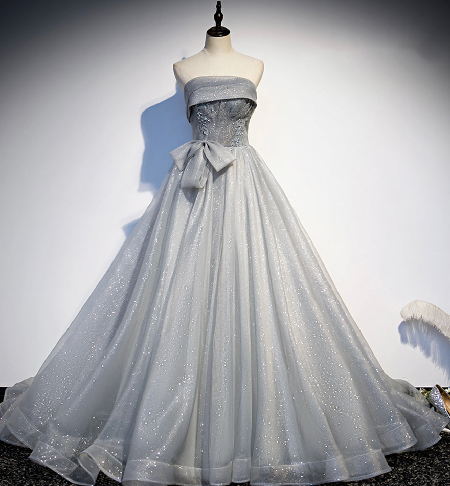 Gray tulle sequins long ball gown dress formal dress 8448
