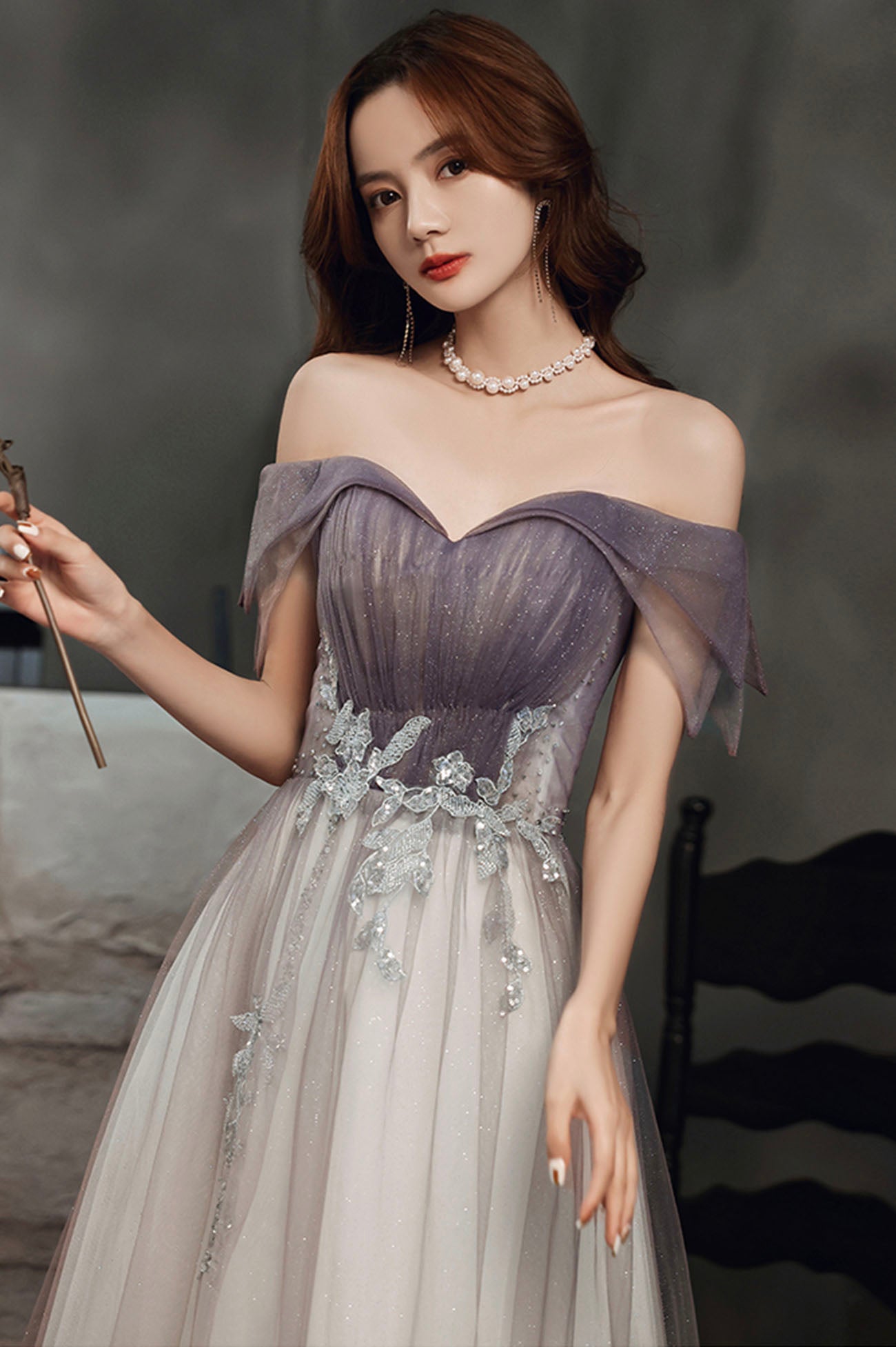 Purple tulle sequins long prom dress A line evening dress 10644