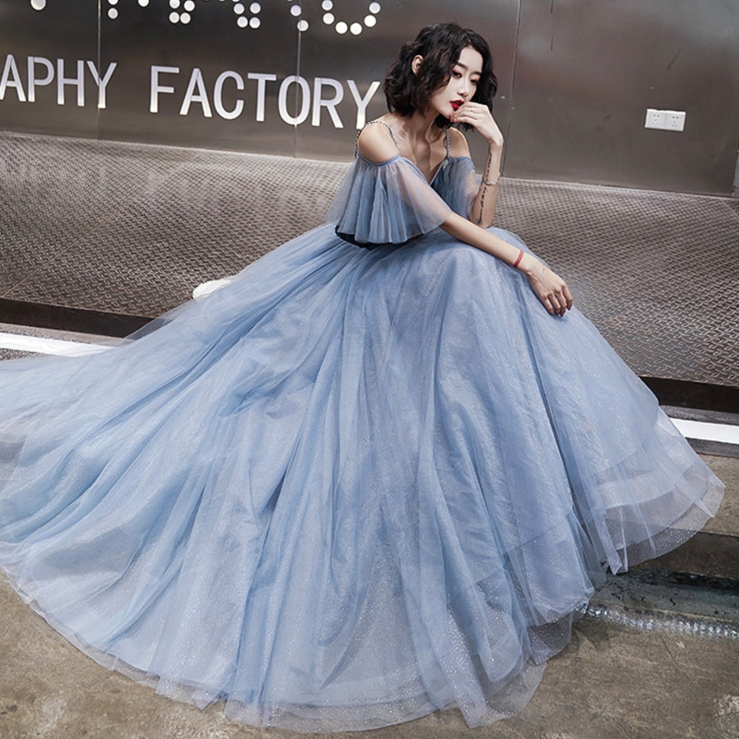 Blue tulle long A line prom dress evening dress 8995