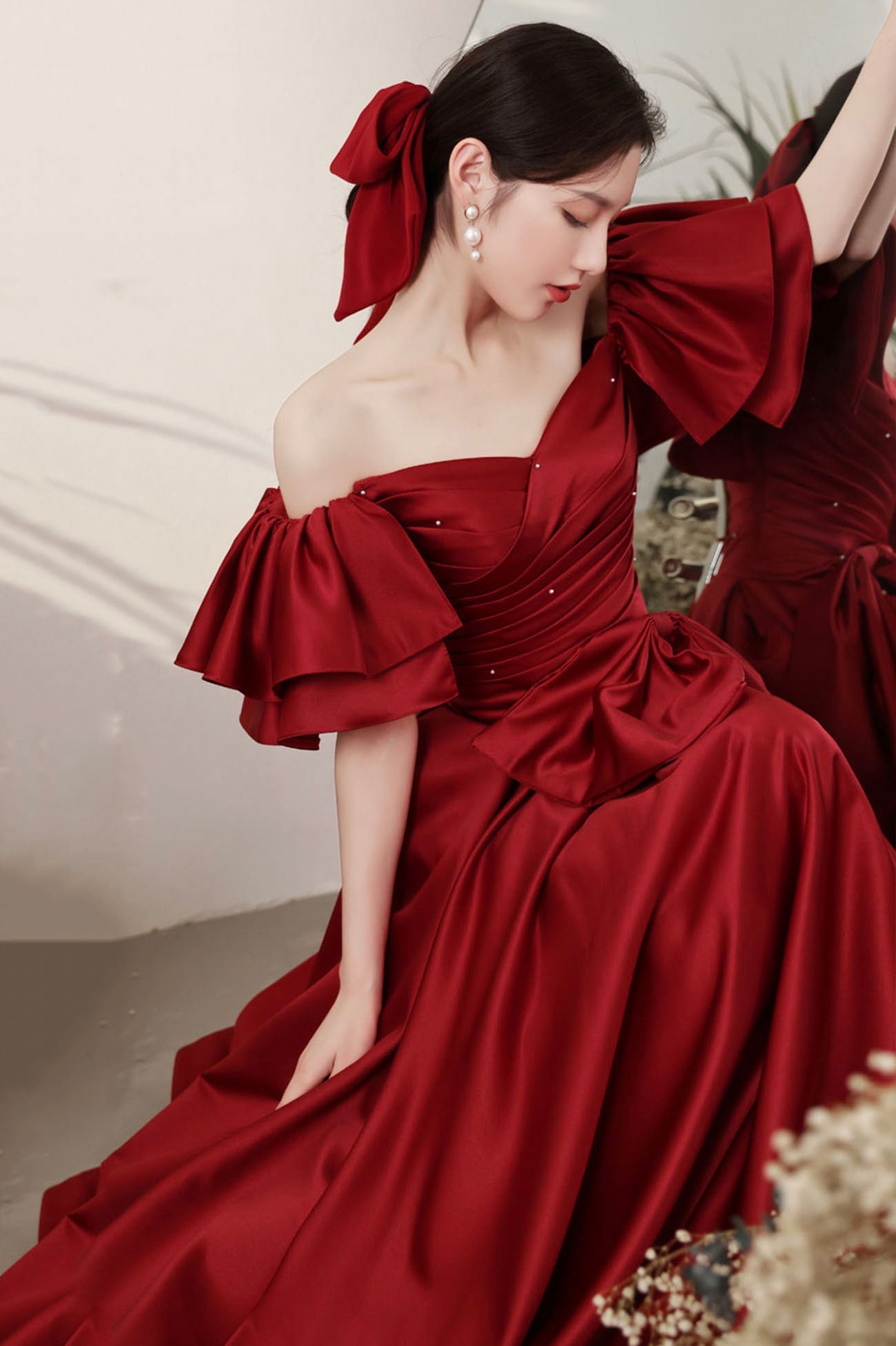 Burgundy satin long prom dress A line evening dress 10601