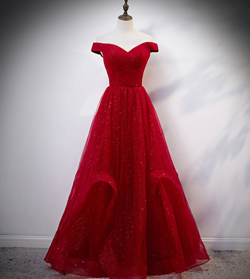 Burgundy tulle long prom dress evening dress 8389