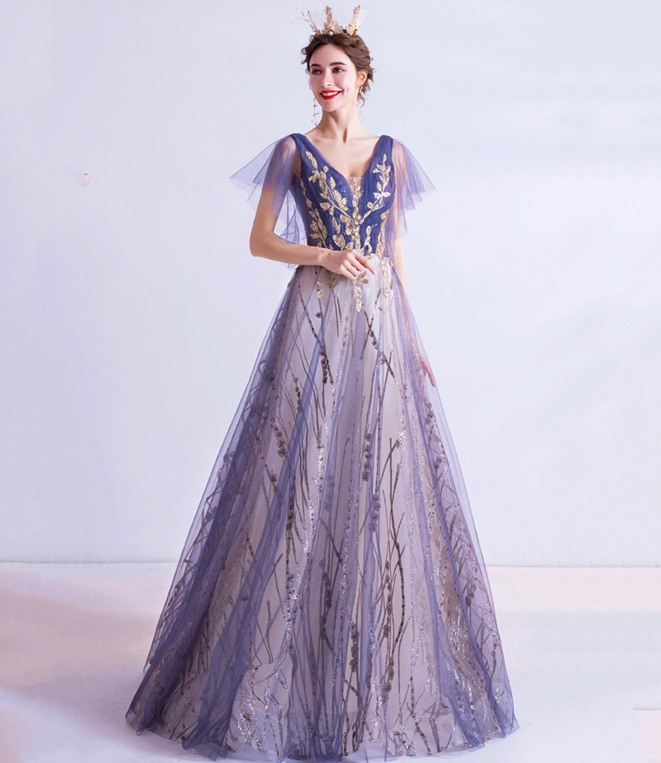 Purple tulle sequins long prom dress A line evening dress 10510