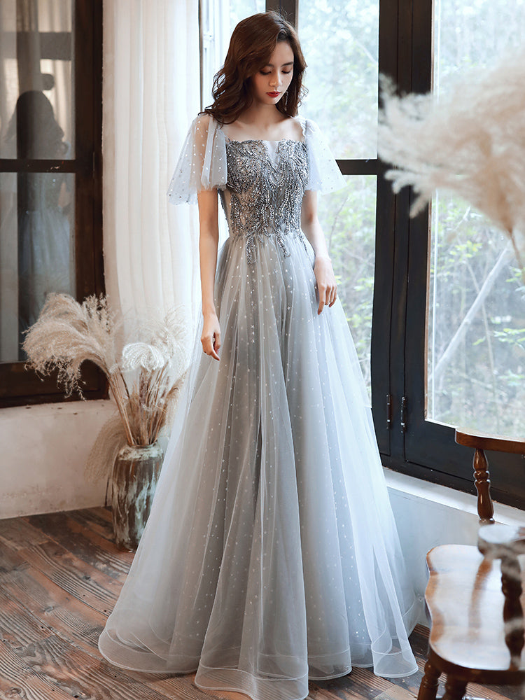 Gray tulle beads prom dress evening dress 8378