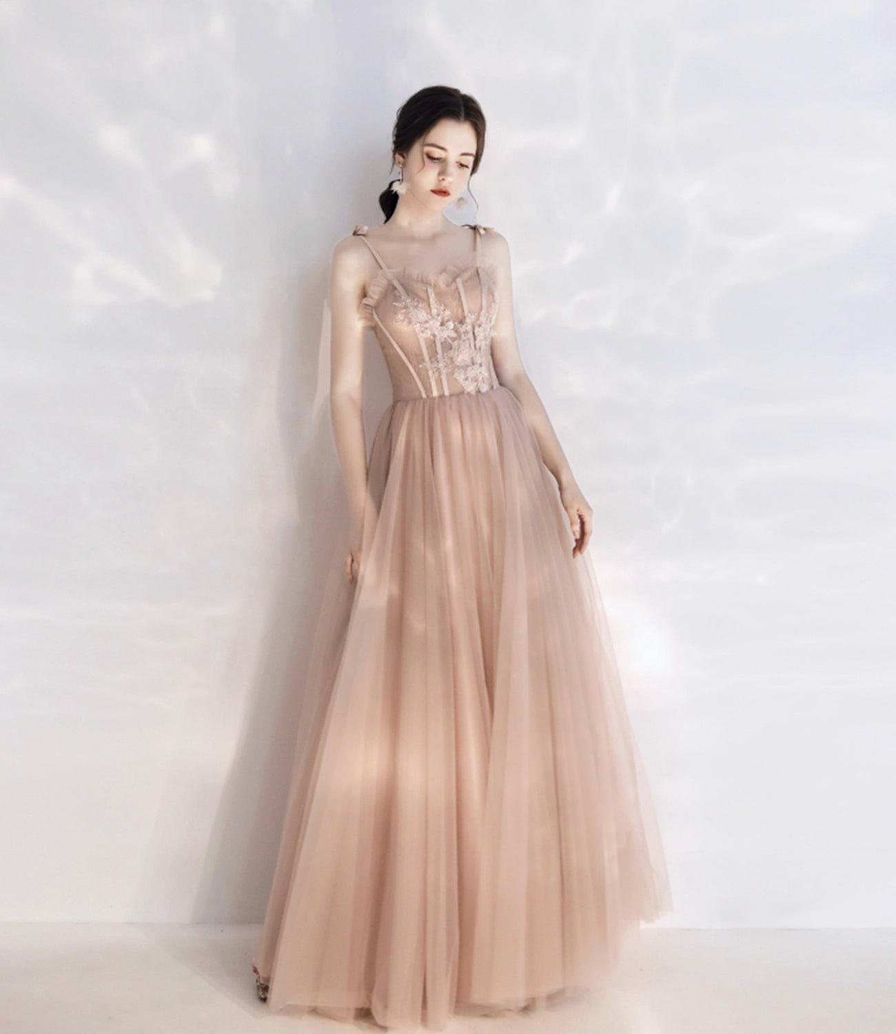Stylish tulle lace long prom dress A line evening dress 10397