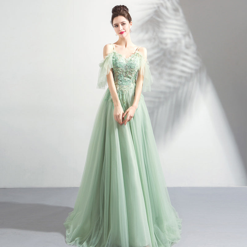 Green tulle lace long prom dress, evening dress 8043