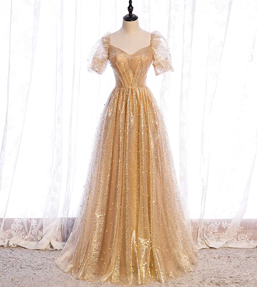 Gold tulle sequins long prom dress evening dress 8428
