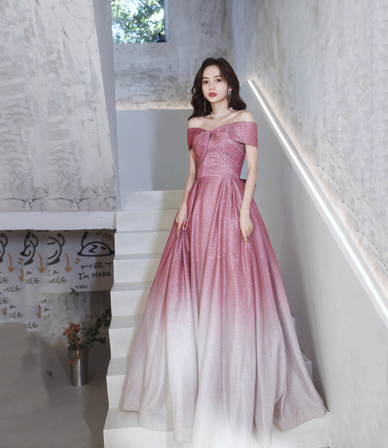 Pink gradient long A line prom dress evening dress 8823
