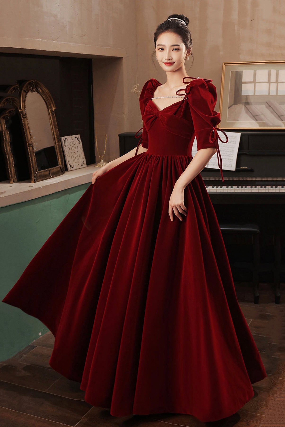 Burgundy velvet long prom dress A line evening gown 10025