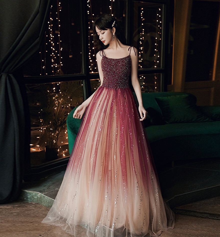 Burgundy tulle beads long prom dress evening dress 8459