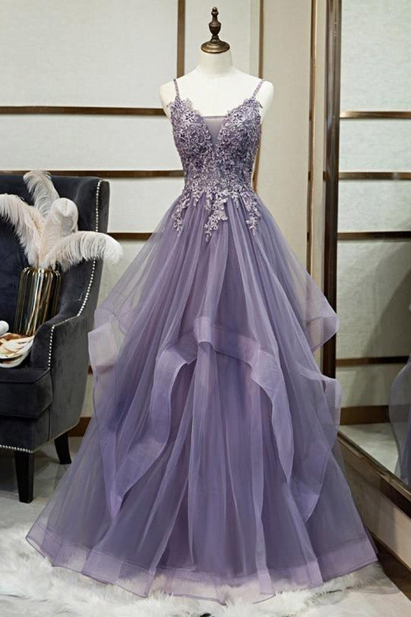 A Line Purple Tulle Prom Dress With Lace Appliques,WP239