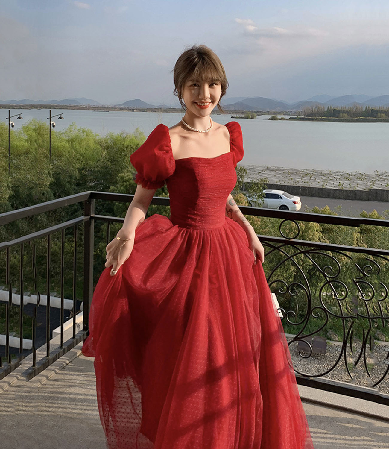 Red tulle long prom dress A line evening dress 10602