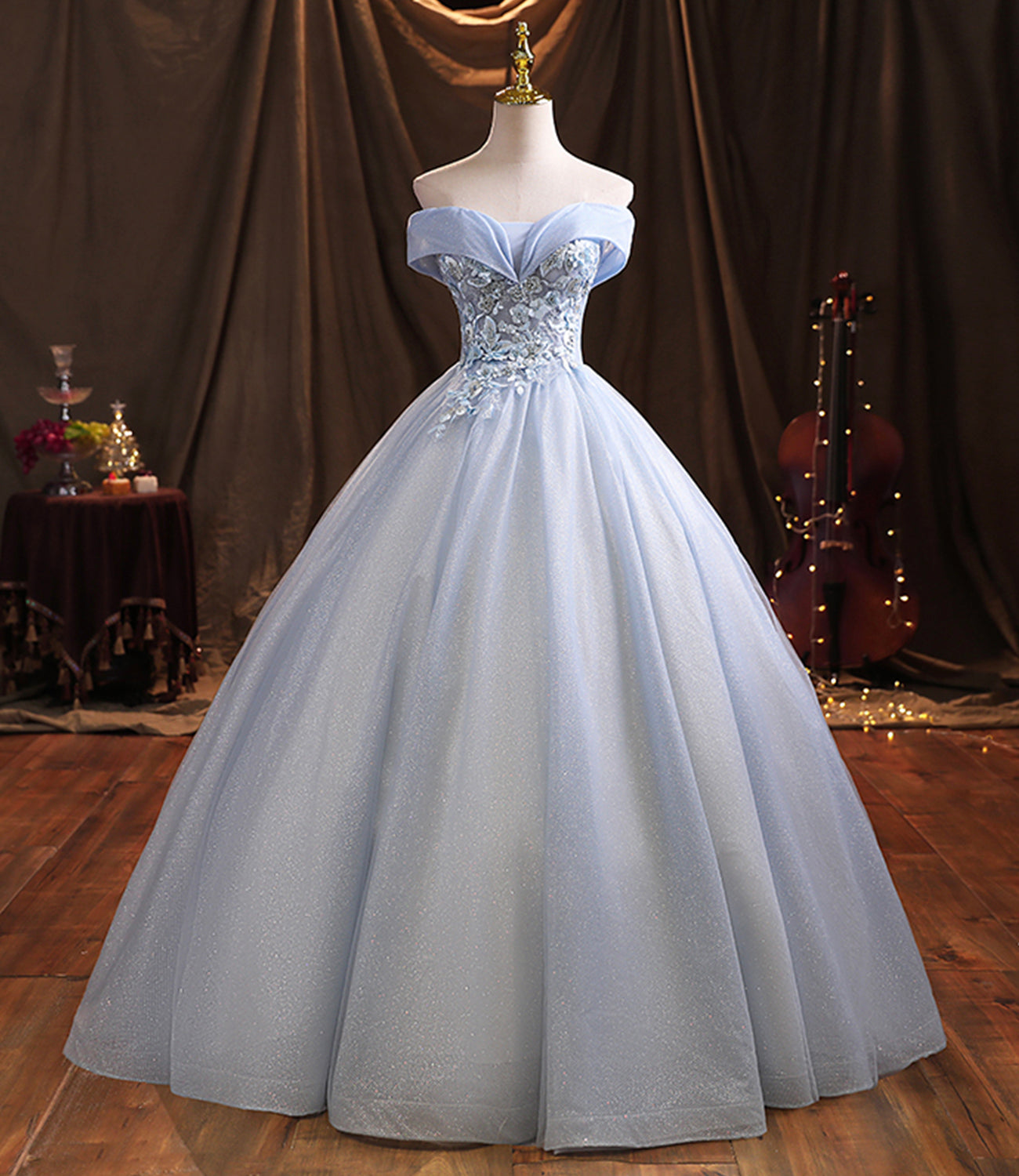 Blue tulle lace long ball gown dress formal dress 10386