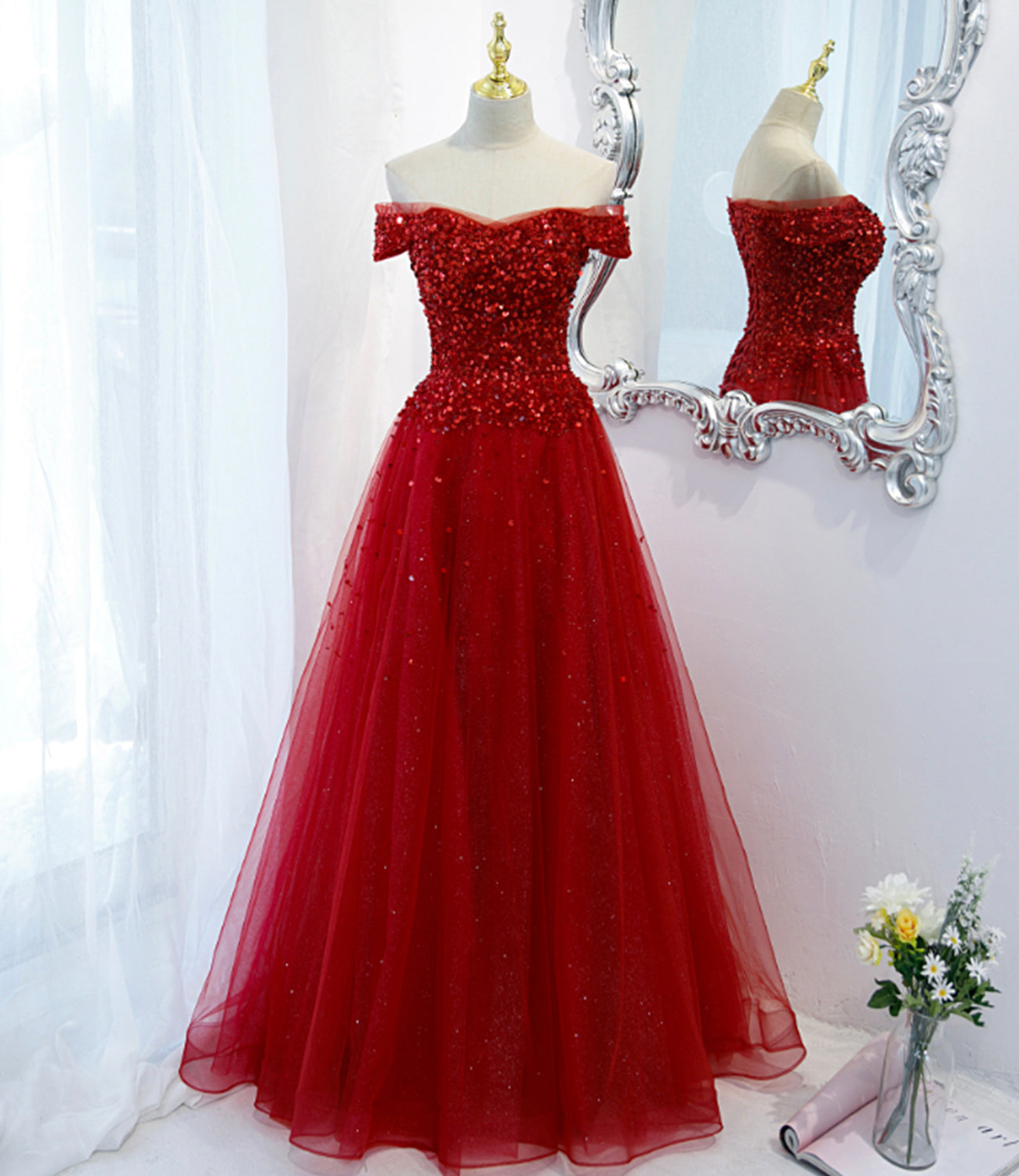 Red tulle sequins long prom dress red evening dress 8987
