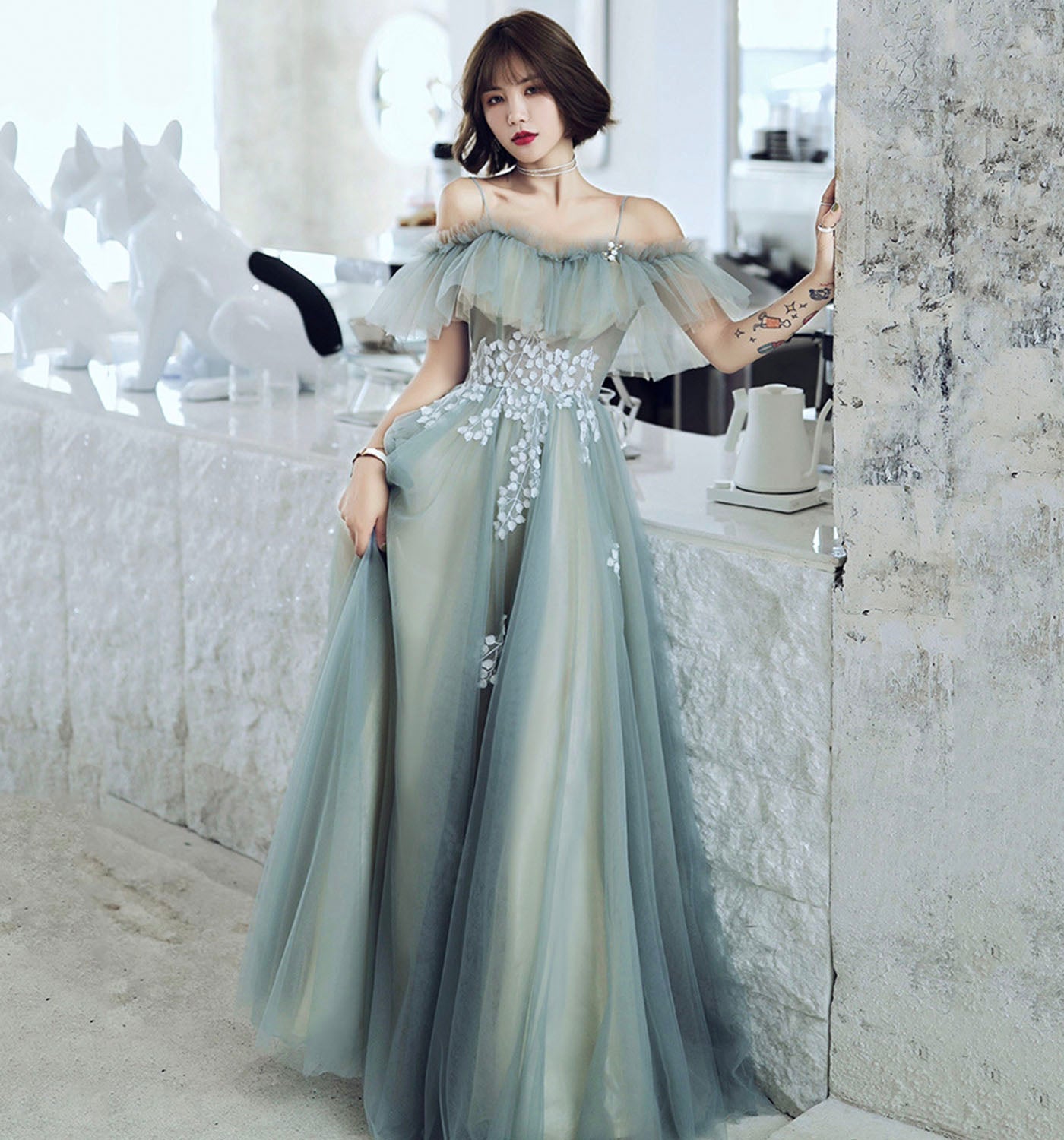 Cute tulle lace long prom dress A line evening dress 8973