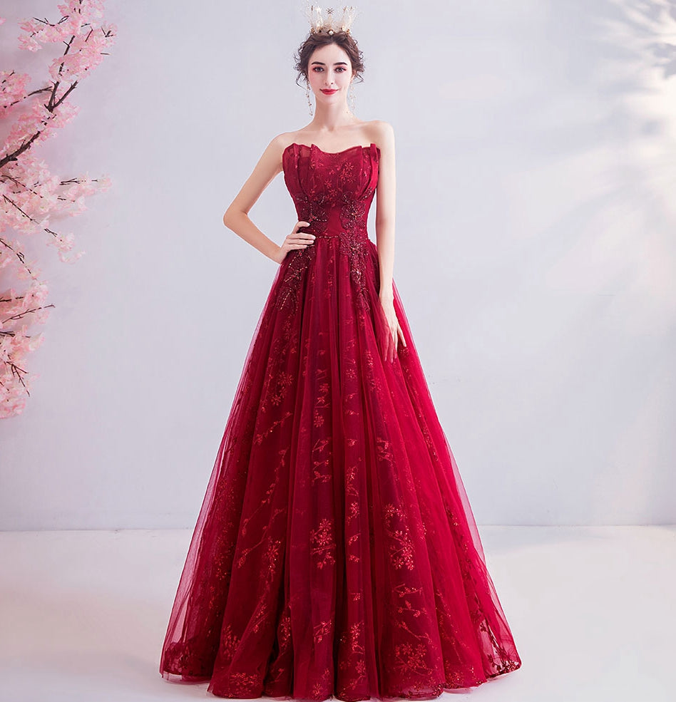 Burgundy lace long prom dress evening dress 8202