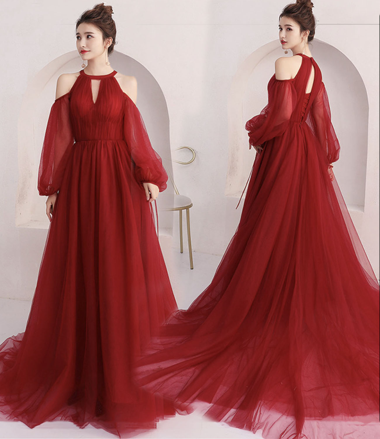 Red tulle long prom dress A line evening dress 10444