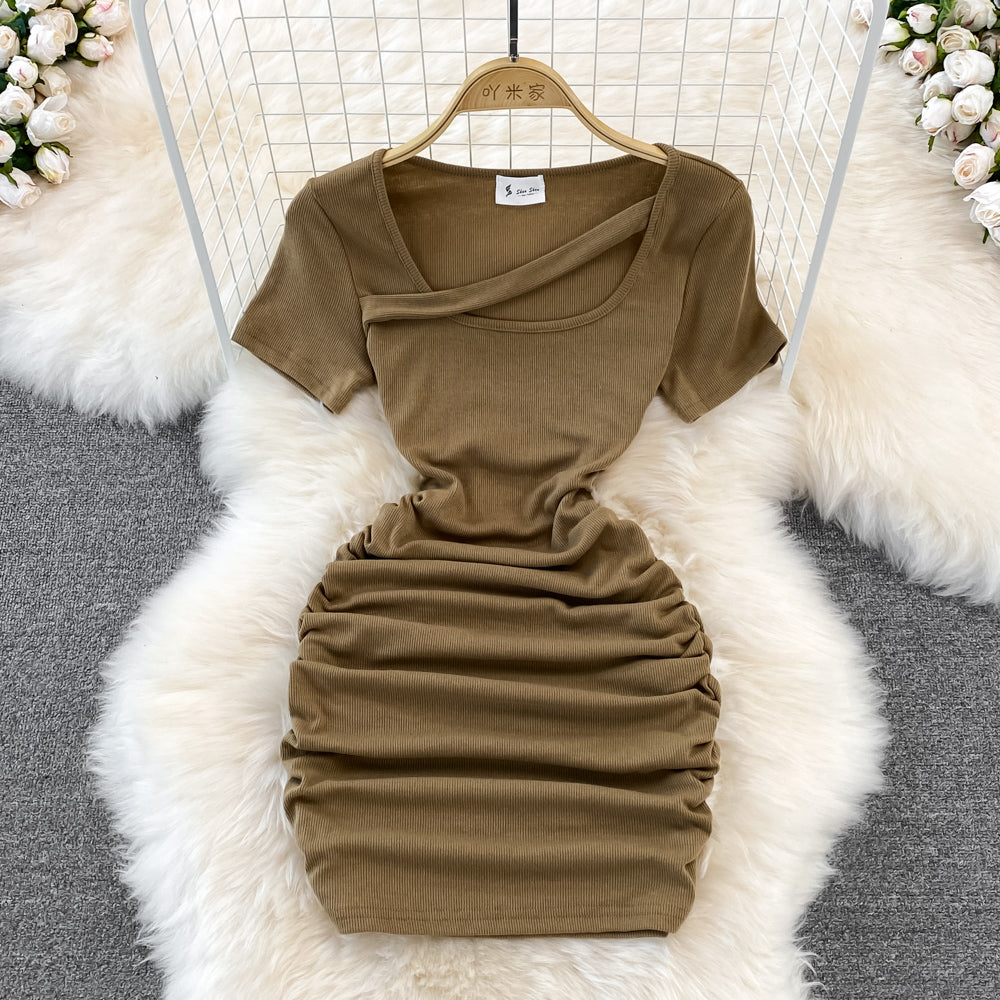 Design sense long sleeve slim fit wrinkled short Hip Wrap Dress 11038