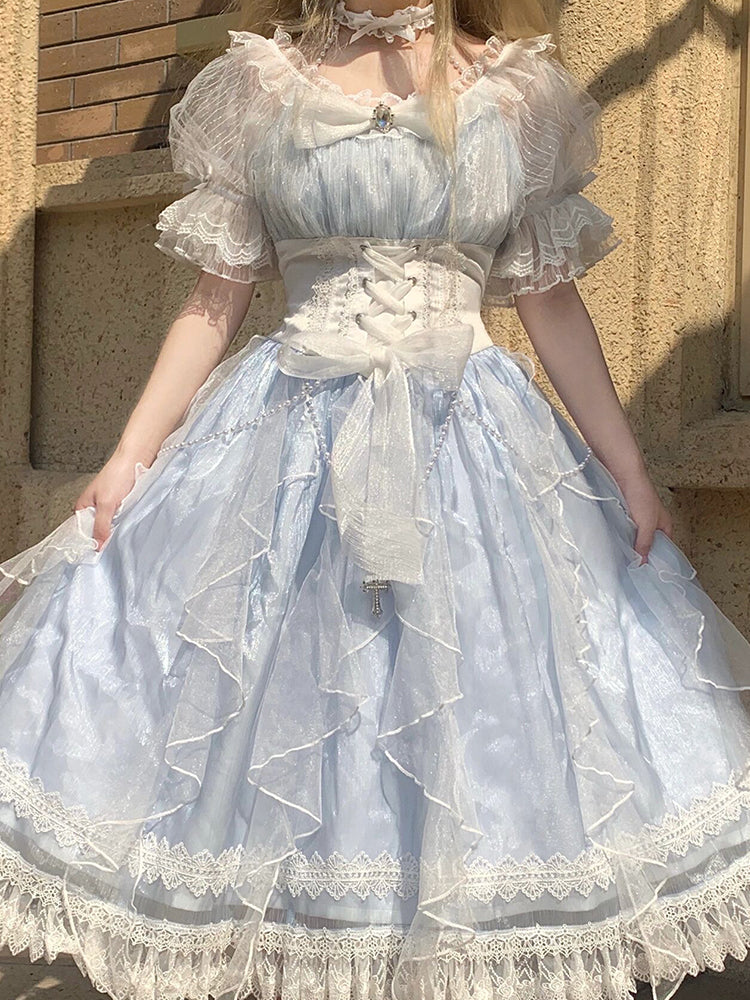 Vestido de tul azul con encaje y mangas cortas para 16 cumpleaños, corte A, estilo lolita, para verano, W1138