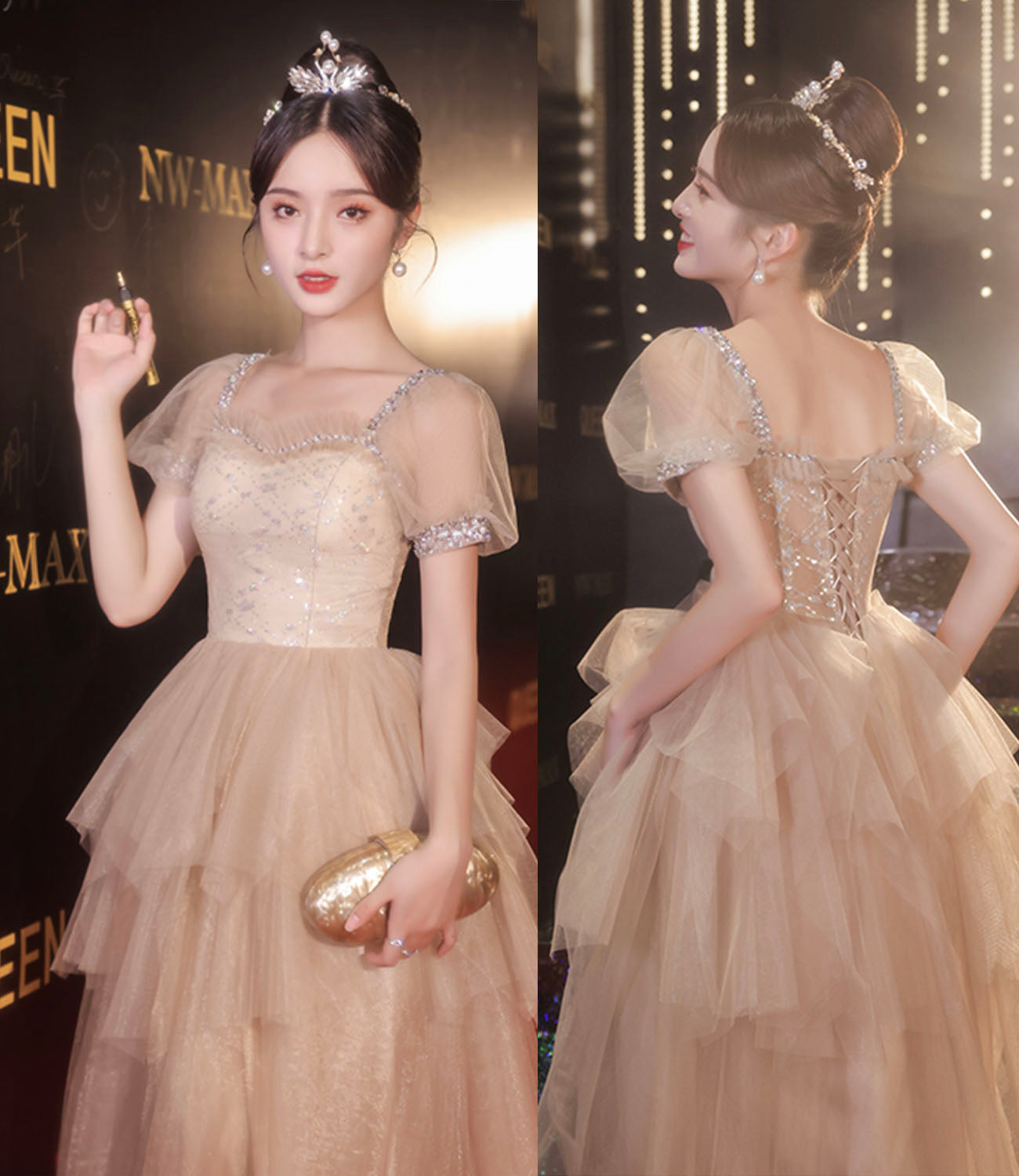 Cute tulle sequins long prom dress A line evening dress 10413