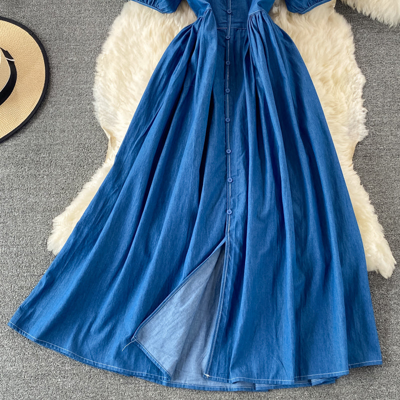 Simple V Neckline Denim Dress A Line Fashion Dress 10836