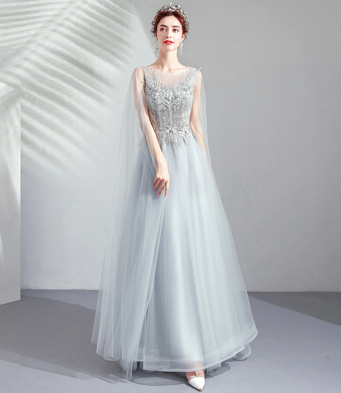 Gray tulle lace long prom dress A line evening dress 10509
