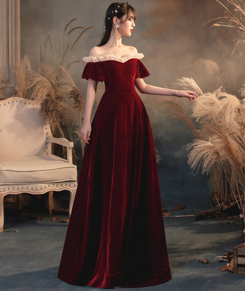 Burgundy velvet long prom dress evening dress 8383