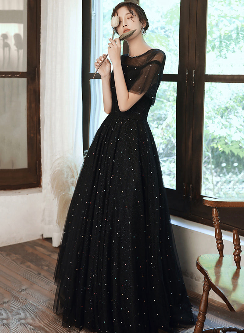 Black A line tulle long prom dress black evening dress 8559