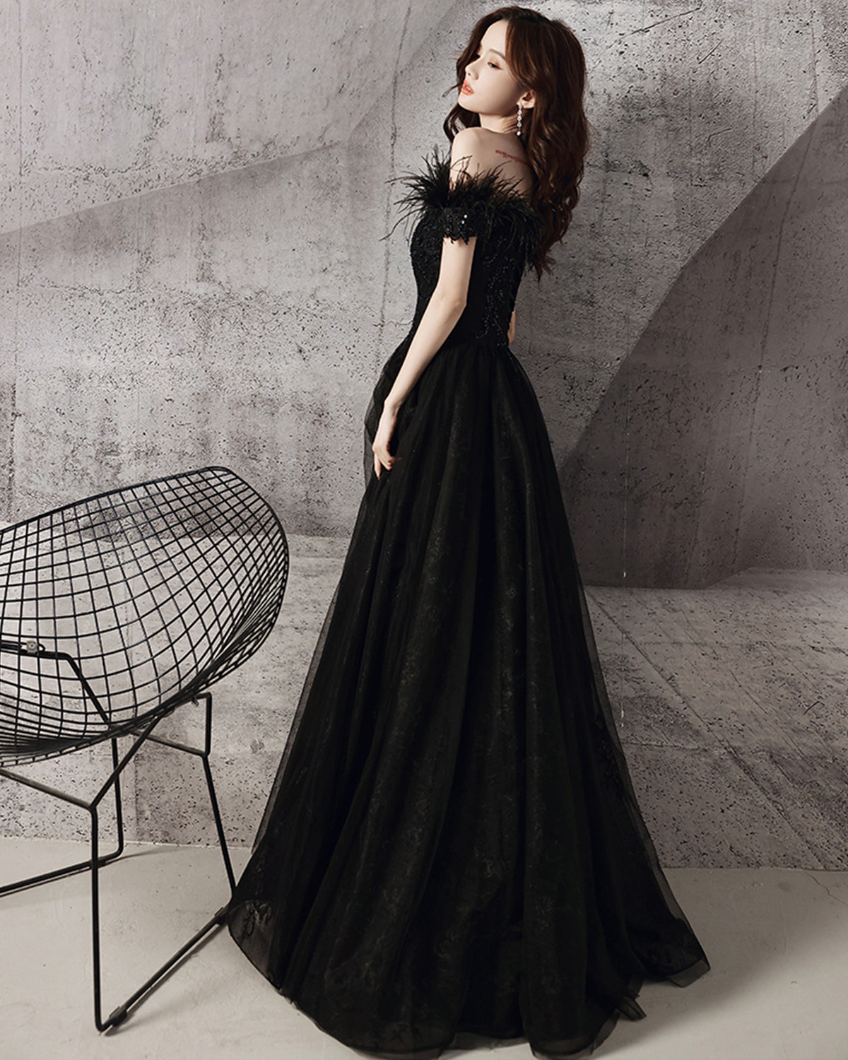 Black tulle beads long A line prom dress evening dress 8706