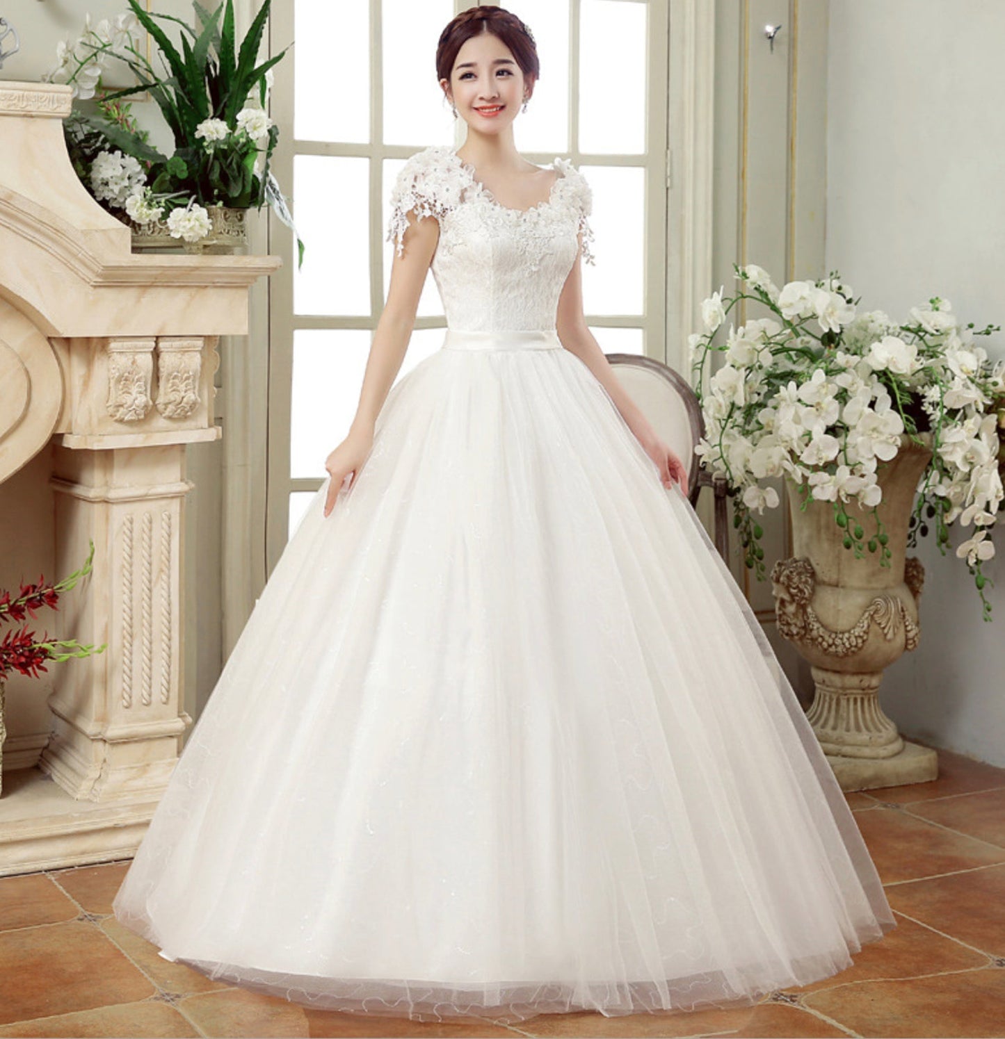 White tulle lace long prom gown wedding dress 10034