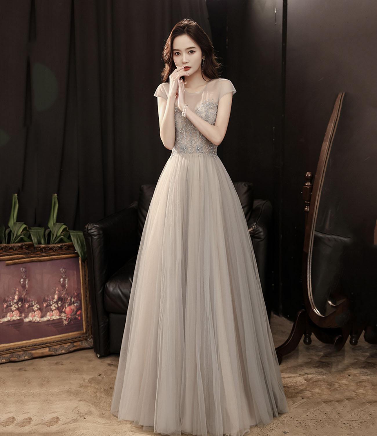 Cute tulle beads long prom dress A line evening gown 10279