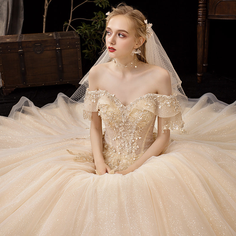 Champagne tulle sequins long prom dress evening gown 10250