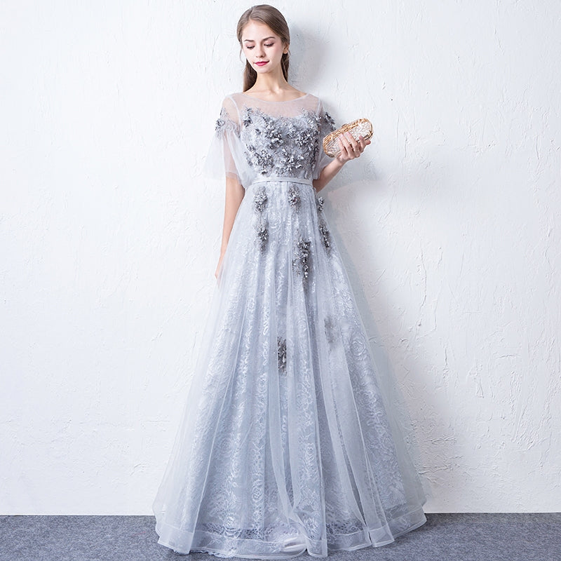 Gray round neck tulle lace long prom dress, evening dress 7942