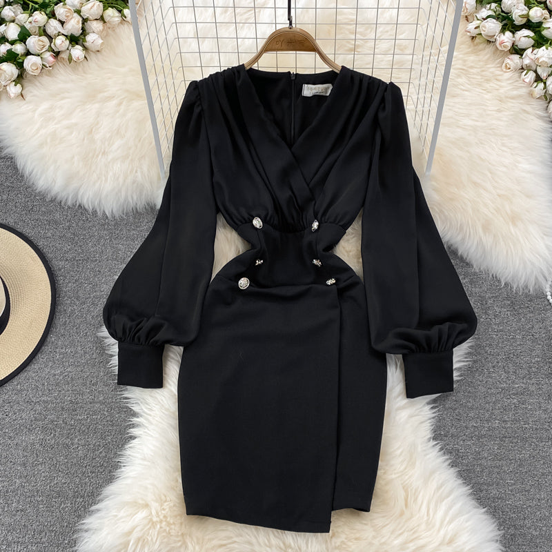 Black V Neck Long Sleeve Dress Fashion Dress 10843