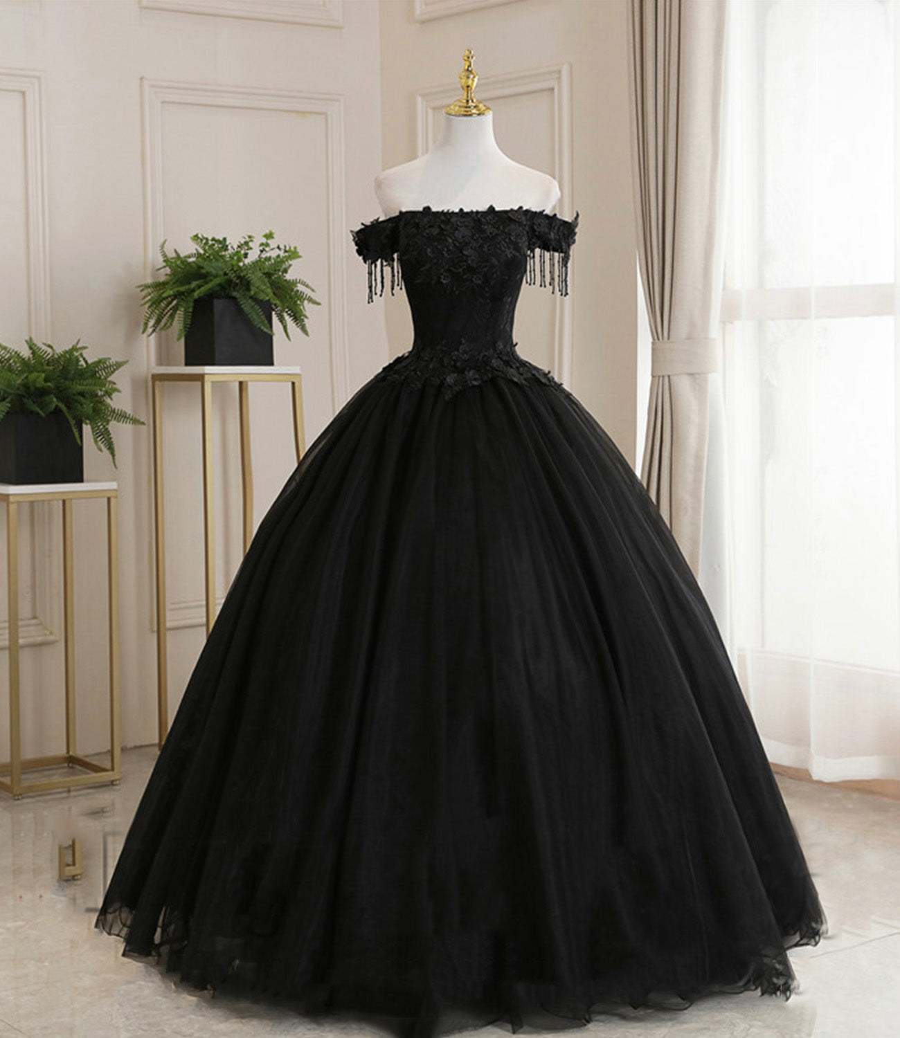Black tulle lace long ball gown dress formal dress 8931