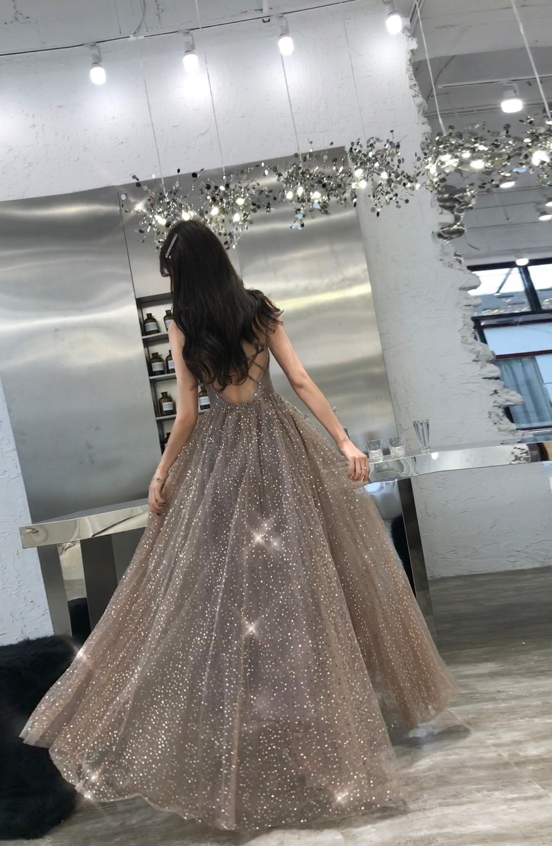 Shiny tulle sequins long prom dress evening dress 8312