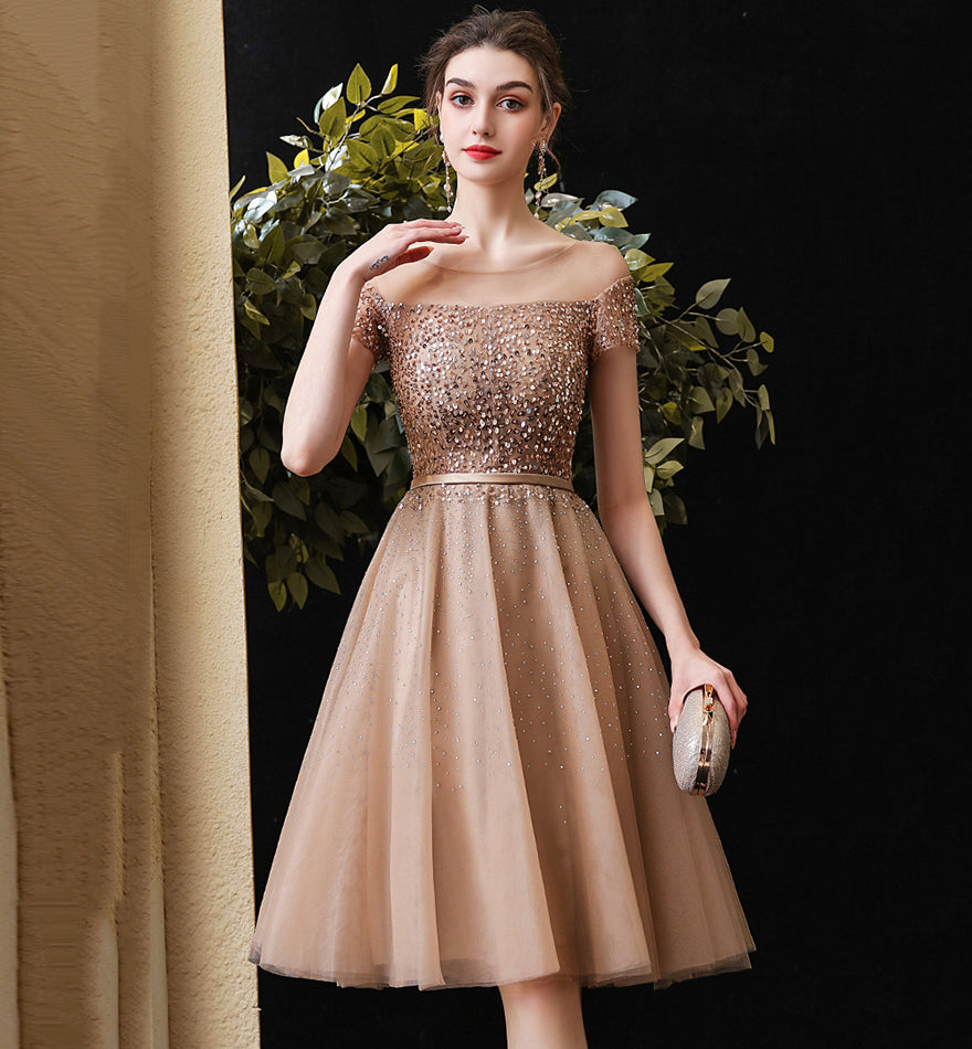 Gold tulle beads short prom dress party dress 8491