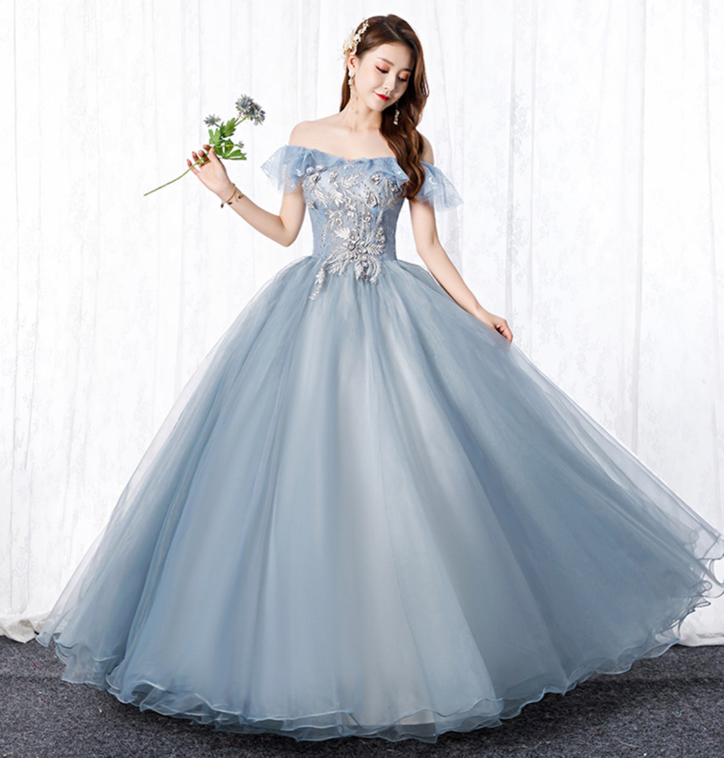 Grey tulle lace long prom gown A line evening dress 8629