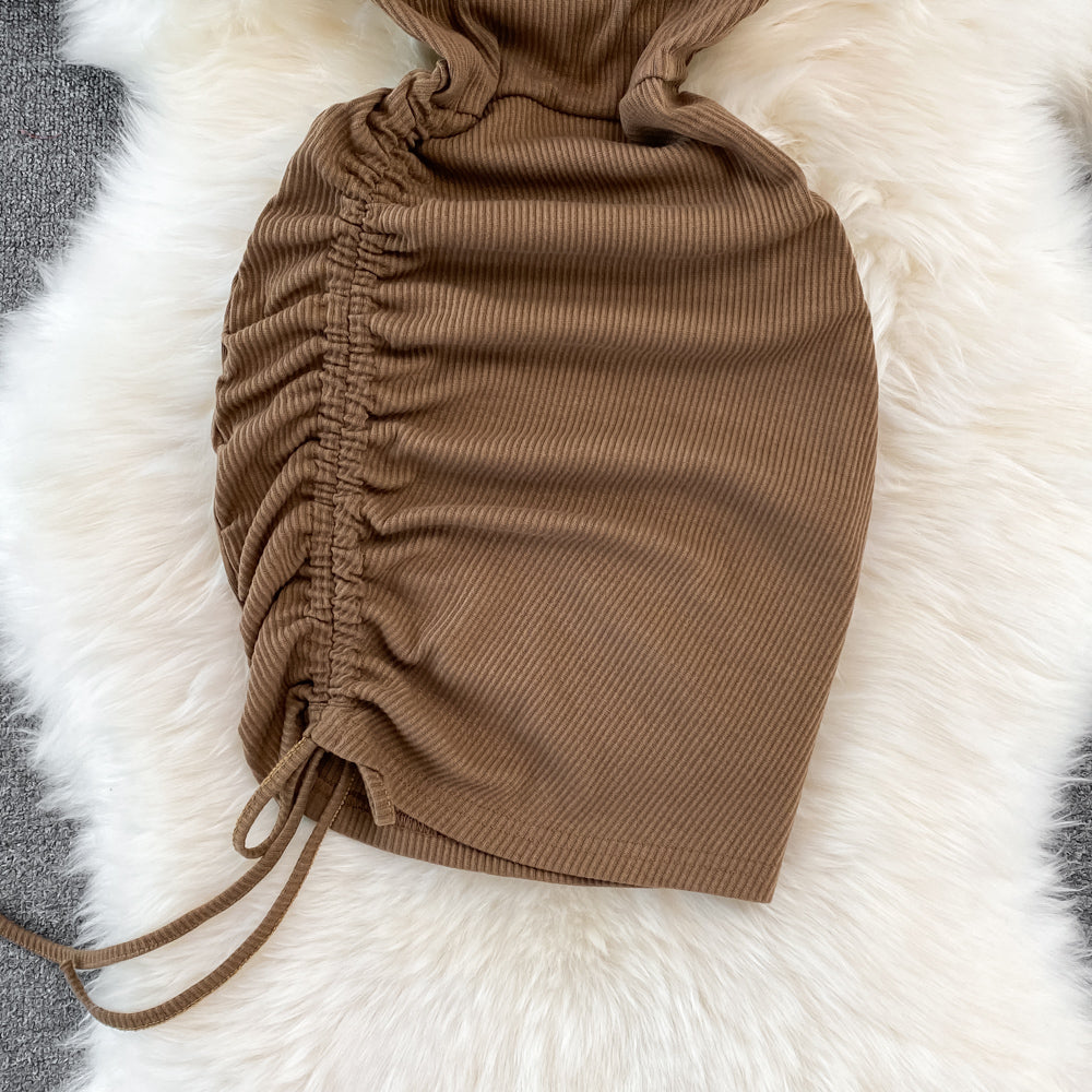 Spice Girl round neck chest hollowed out elastic tight drawstring short Hip Wrap Dress 10970