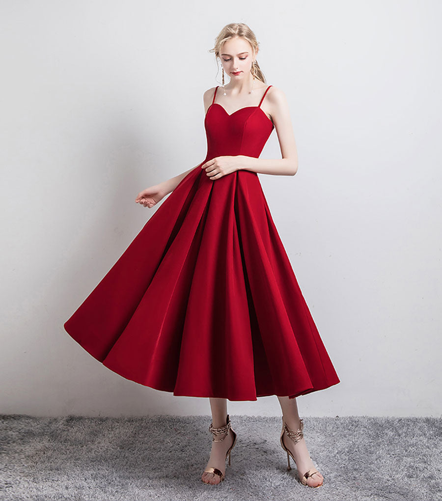 Simple satin short prom dress burgundy evening dress 8346