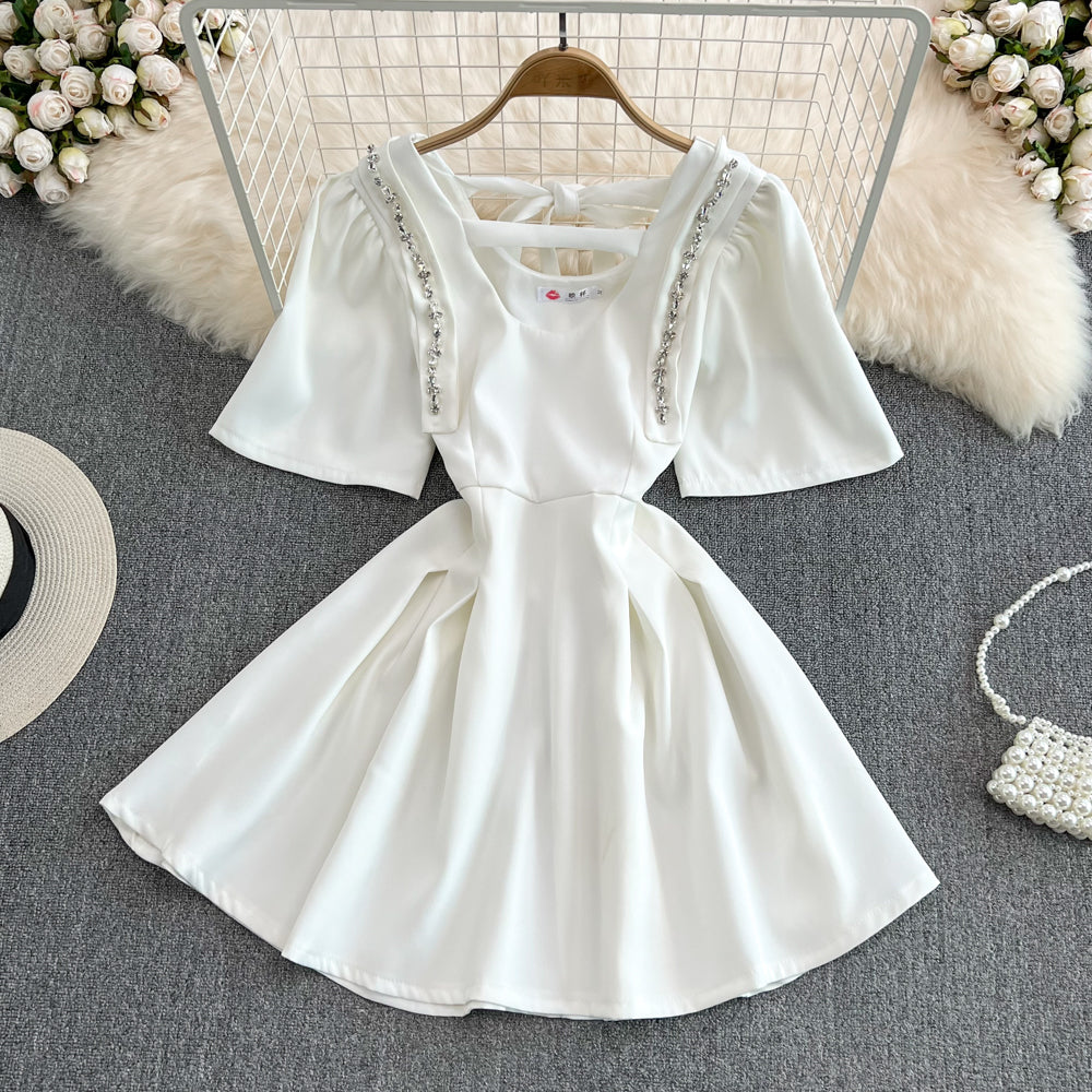 Temperament diamond studded bubble sleeves, slim waist, short A-line dress 11096