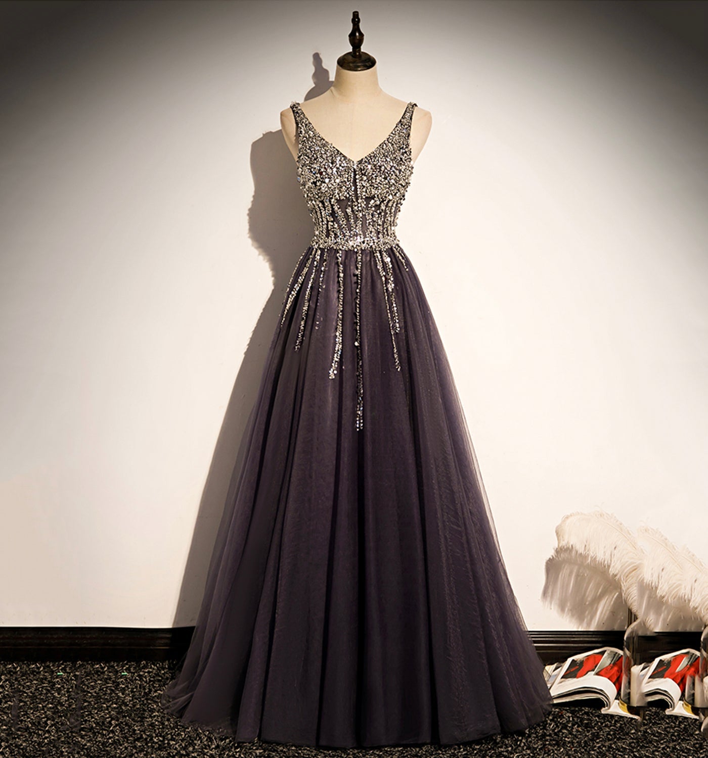 Stylish v neck tulle long prom dress A line evening dress 8640