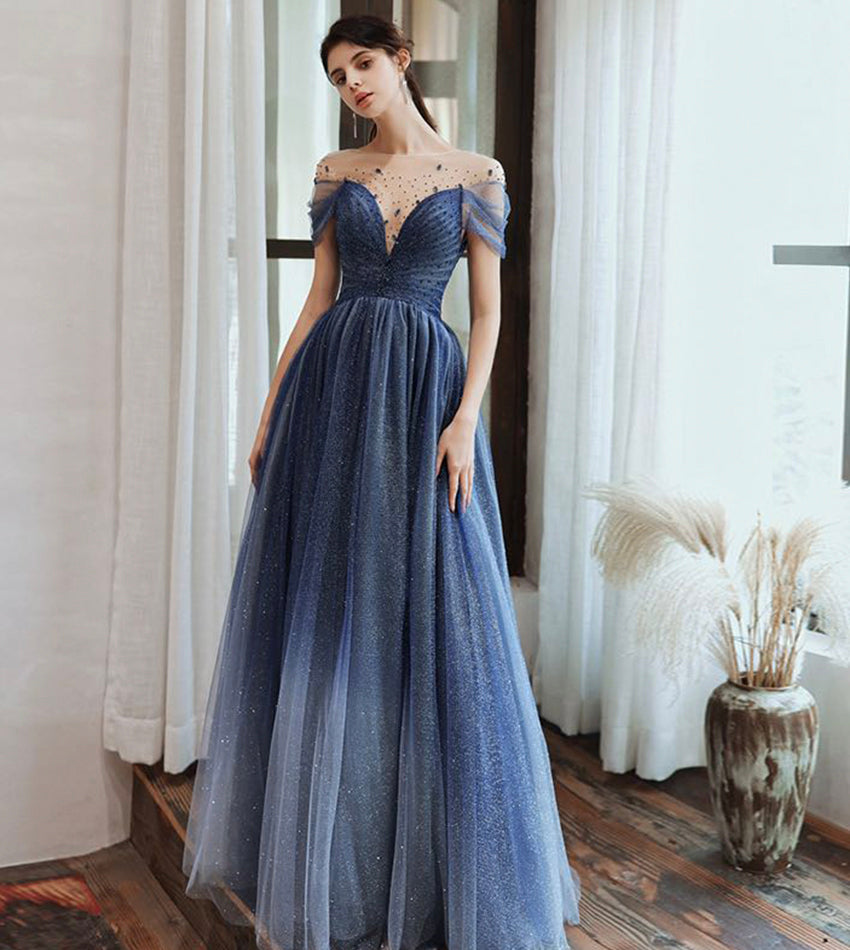 Blue tulle beads long prom dress evening dress 8434