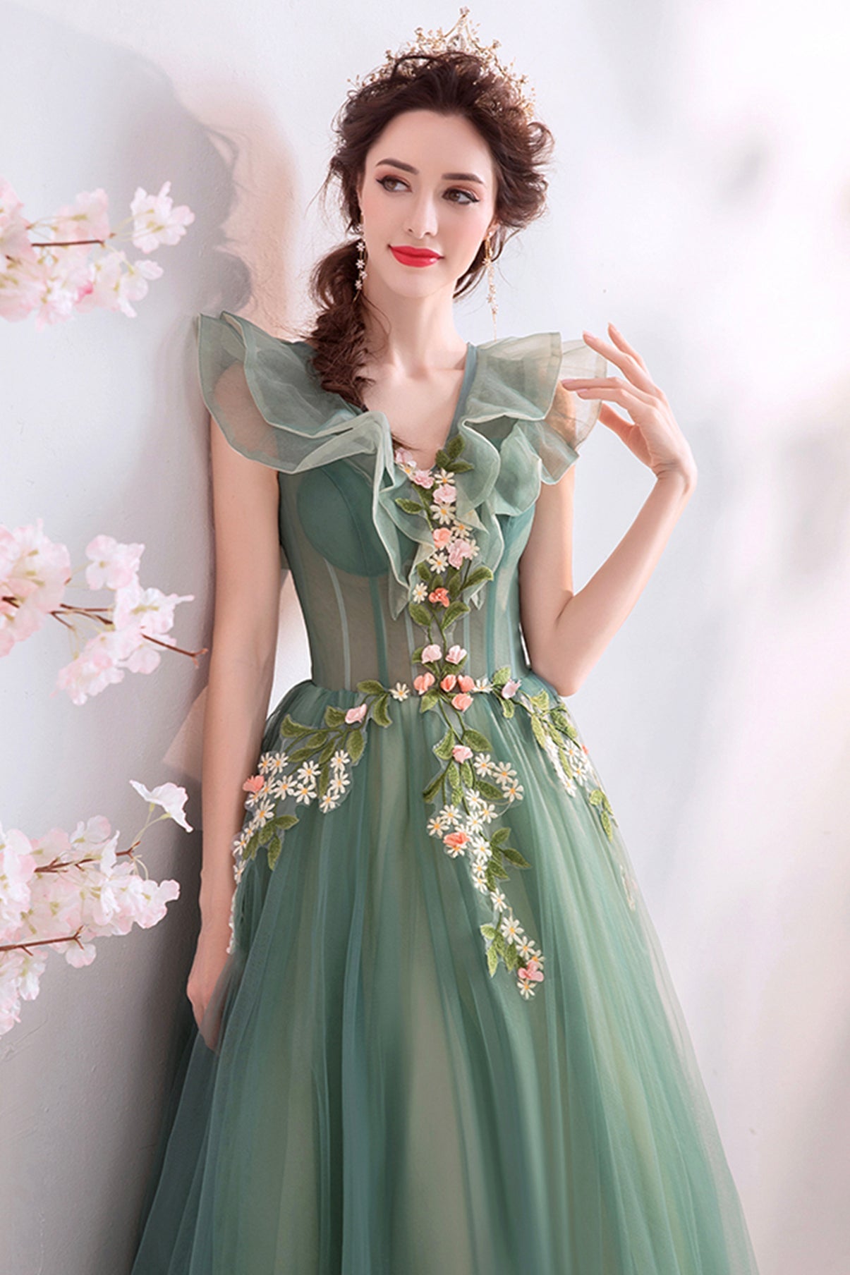Green tulle long A line prom dress evening dress 8709