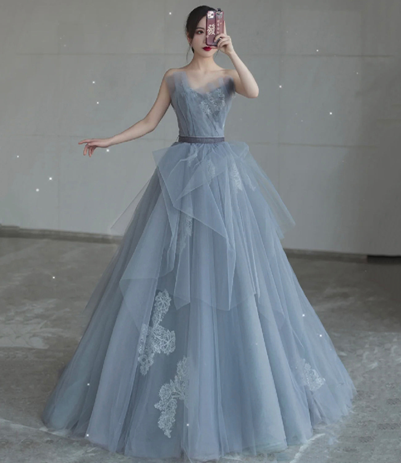 Blue tulle lace long ball gown dress blue evening dress 8766