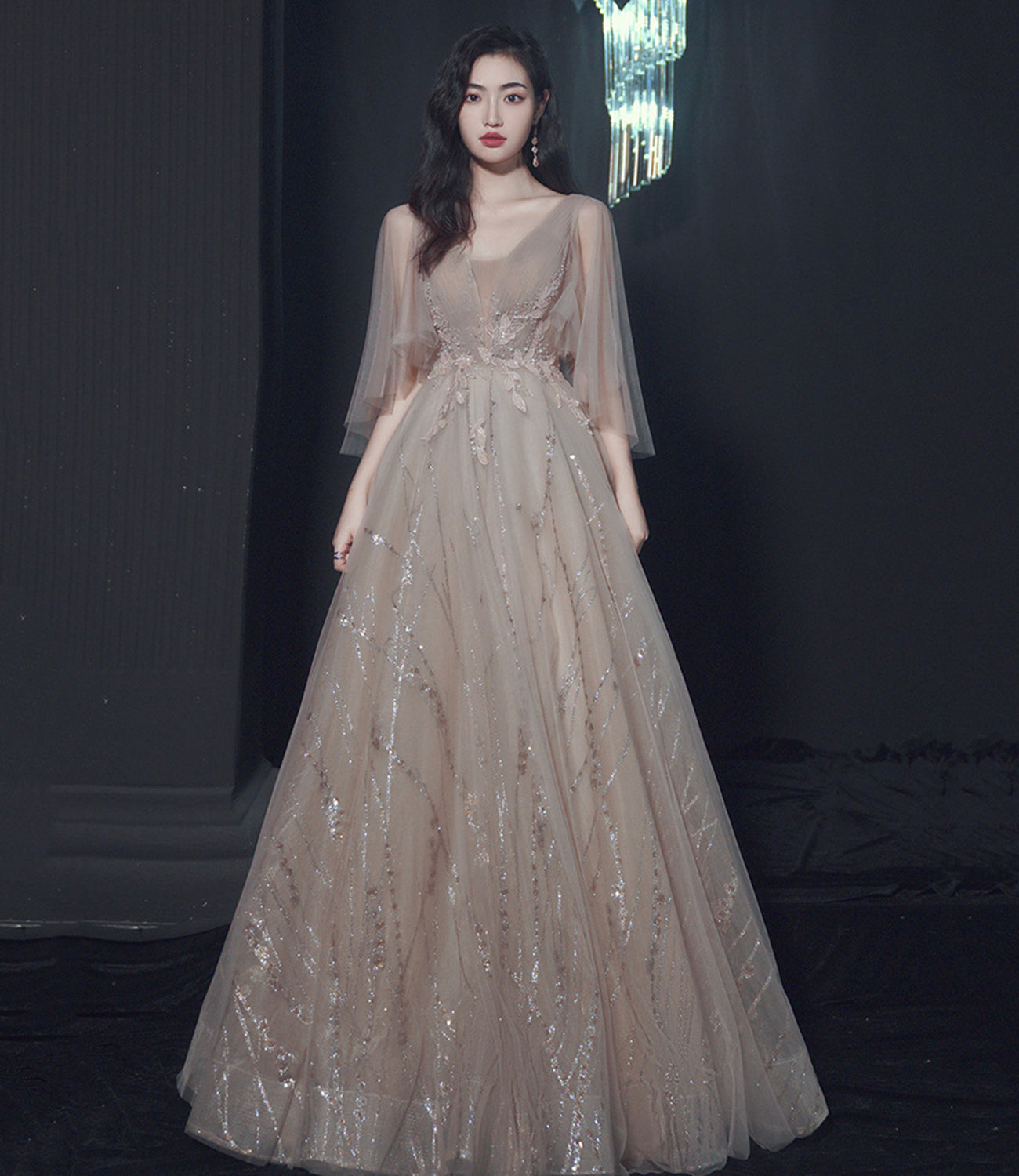 Champagne tulle lace long prom dress A line evening gown 10464