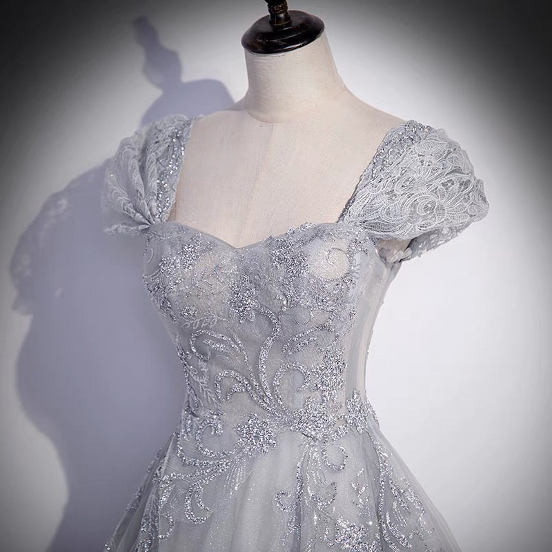 Gray tulle lace long prom dress A line evenig gown 10081
