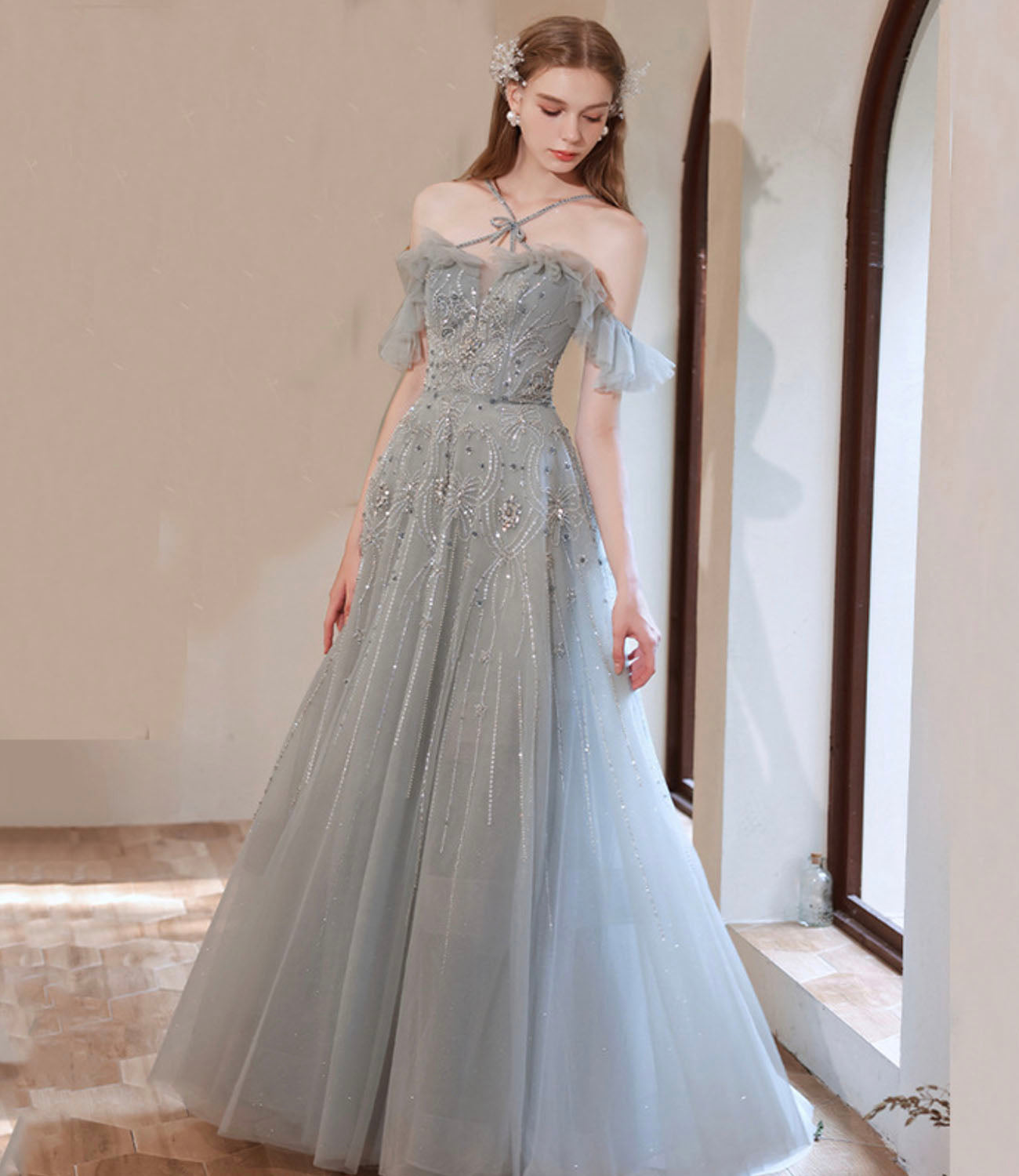 Gray tulle beads long prom dress A line evening dress 10425